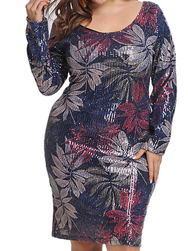  Women's Plus Size Leaf Holiday Dress Sequins Crew Neck Long Sleeve Casual Spring Summer Daily Date Knee Length Dress Dress / Print