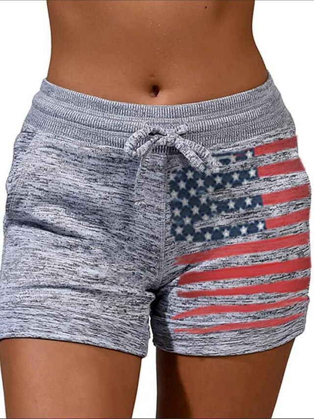 Women's Casual / Sporty Athleisure Side Pockets Elastic Drawstring Design Print Shorts Short Pants Micro-elastic Casual Independence Day Cotton Blend National Flag Mid Waist Comfort Black Gray S M L
