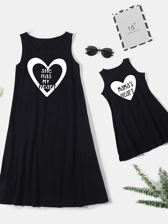  Mommy and Me Valentines Cotton Dresses Daily Cartoon Heart Letter Print Black Knee-length Sleeveless Tank Dress Casual Matching Outfits / Summer / Long / Cute