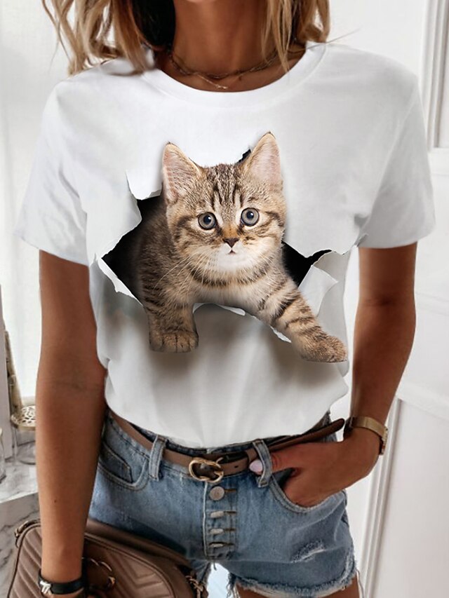  Dame Avslappet Helg T skjorte 3D Cat Maling Kortermet Katt 3D Rund hals Trykt mønster Grunnleggende Topper Grønn Hvit Blå S / 3D-utskrift