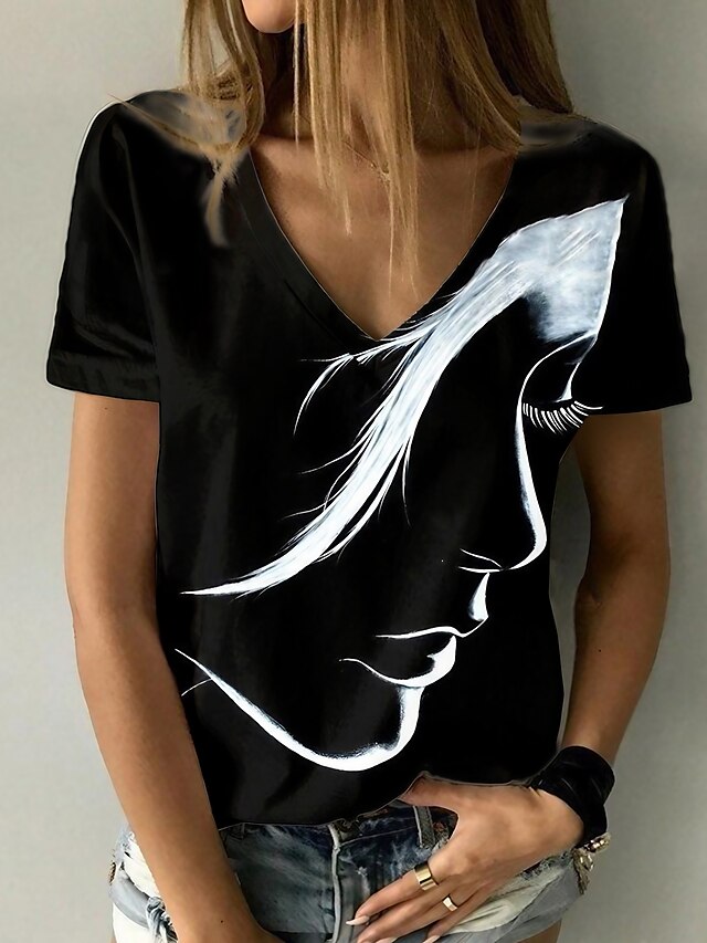 Damen T Shirt Porträt Casual Wochenende Schwarz Bedruckt Kurzarm Basic V Ausschnitt Regular Fit