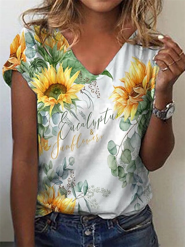  Women's Floral Plants Sunflower Casual Daily Floral Short Sleeve T shirt Tee V Neck Basic Essential Tops White S / 3D Print