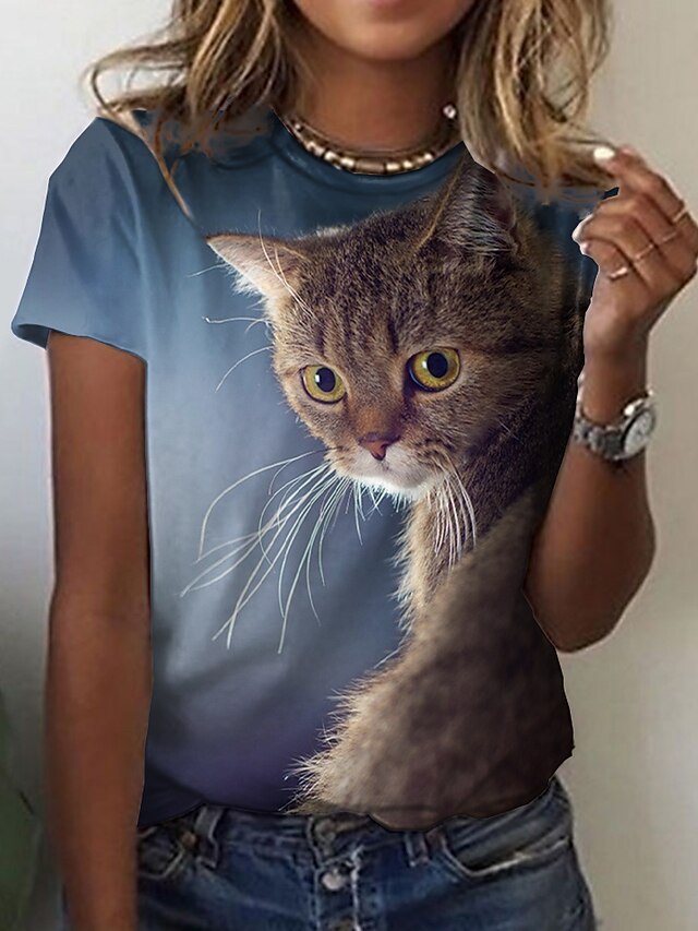  Women's T shirt Tee Cat 3D Navy Blue Print Short Sleeve Casual Weekend Basic Round Neck Regular Fit