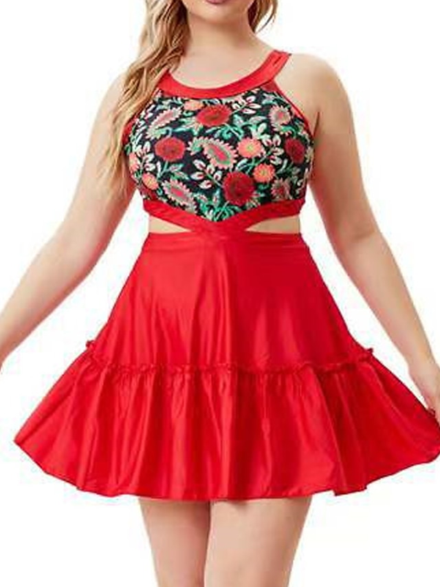  Women's Swimwear Tankini 2 Piece Plus Size Swimsuit Floral Open Back Printing for Big Busts Red Scoop Neck Halter Bathing Suits Vacation Fashion New / Sexy / Modern / Padded Bras