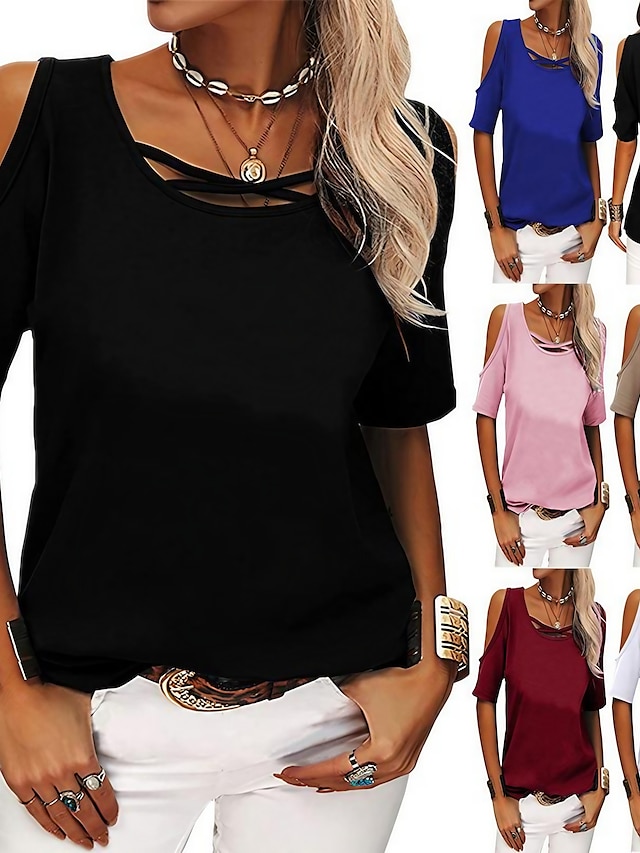  kvinners vår-sommer-mote uformell ensfarget off-the-skulder løs kortermet t-skjorte kvinner