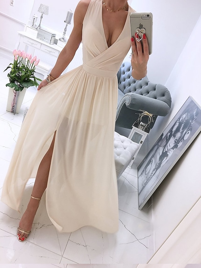 Women's Party Dress Holiday Dress Swing Dress Long Dress Maxi Dress Leather Pink White Light Green Pure Color Sleeveless Spring Summer Split Vacation V Neck Party Wedding Guest Date 2023 S M L XL 2XL