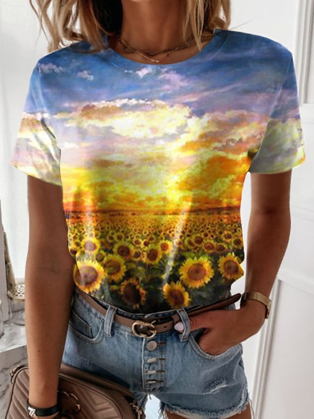  Women's 3D Sunflower Casual Holiday Weekend Floral 3D Printed Painting Short Sleeve T shirt Tee Round Neck Print Basic Essential Tops Yellow S