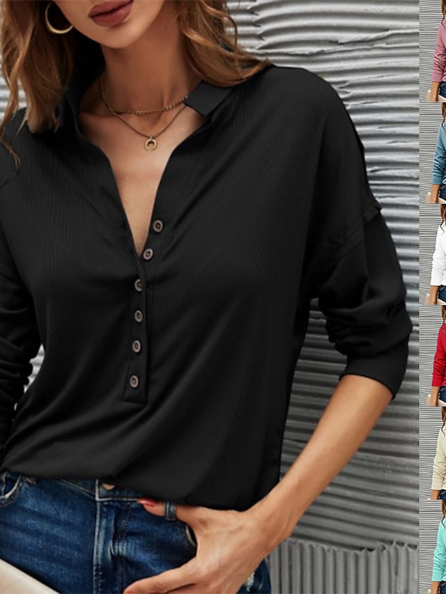  Solid color V neck button top shirt for women