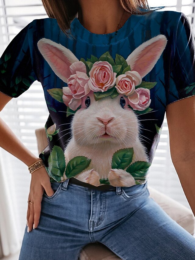 Dame T-shirt Dyr Kanin Rose Blå Trykt mønster Kortærmet Afslappet Ferie Weekend Basale Rund hals Regulær
