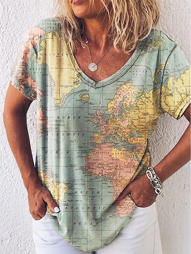  Women's Map Casual Weekend Painting Short Sleeve T shirt Tee V Neck Print Basic Essential Tops Green Blue Purple S / 3D Print
