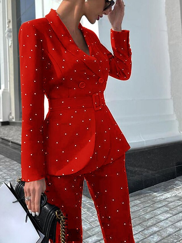  Women's Basic Polka Dot Business Office Two Piece Set Shirt Collar Pant Blouse Office Suit Tops