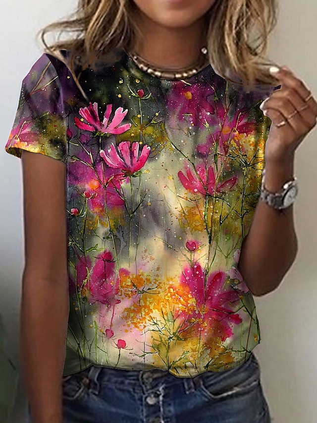  Dame Blomstret Afslappet Ferie Weekend Blomster Tema Maleri Kortærmet T-shirt Rund hals Trykt mønster Basale Toppe Gul S / 3D-udskrivning