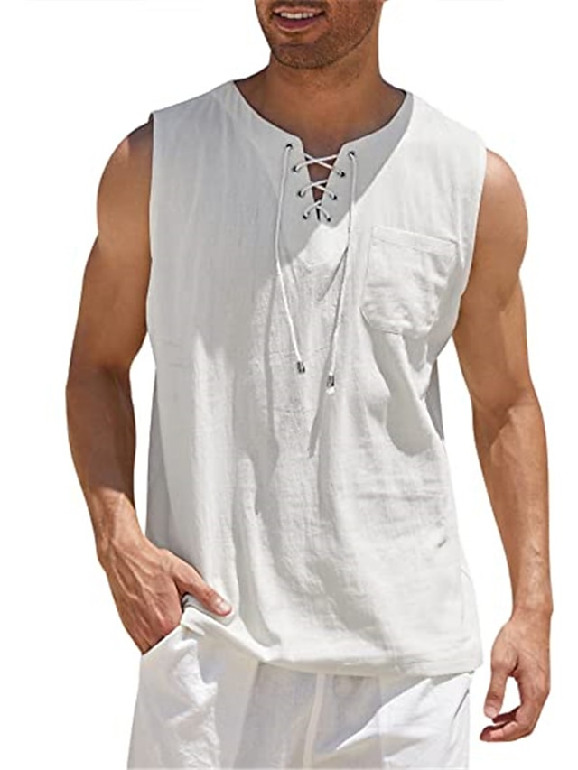  Homens Camisa de linho de algodão Camisa de algodão branco Camisa casual camisa de verão camisa de praia Preto Branco Vinho Sem Manga Tecido Decote V Verão Ao ar livre Rua Roupa Cordões