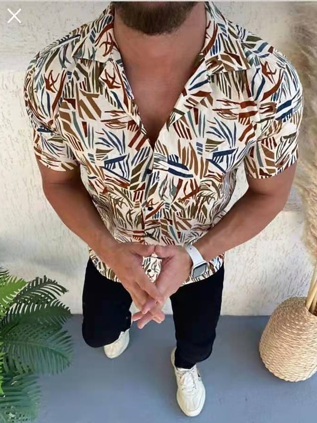  Men's Shirt Floral Turndown Party Casual Short Sleeve Button-Down Tops Cotton Casual Vintage Streetwear Blue Yellow / Summer