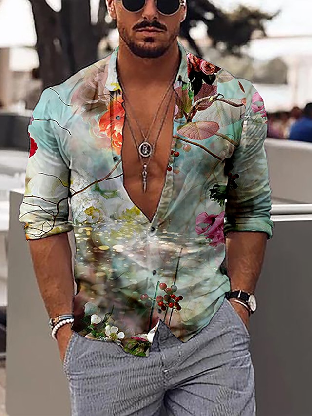  Men's Shirt Graphic Shirt Collar Classic Collar Floral Green Blue Red Daily Holiday Print Clothing Apparel Vintage Party Designer Beach / Long Sleeve / Spring / Fall / Long Sleeve / Slim