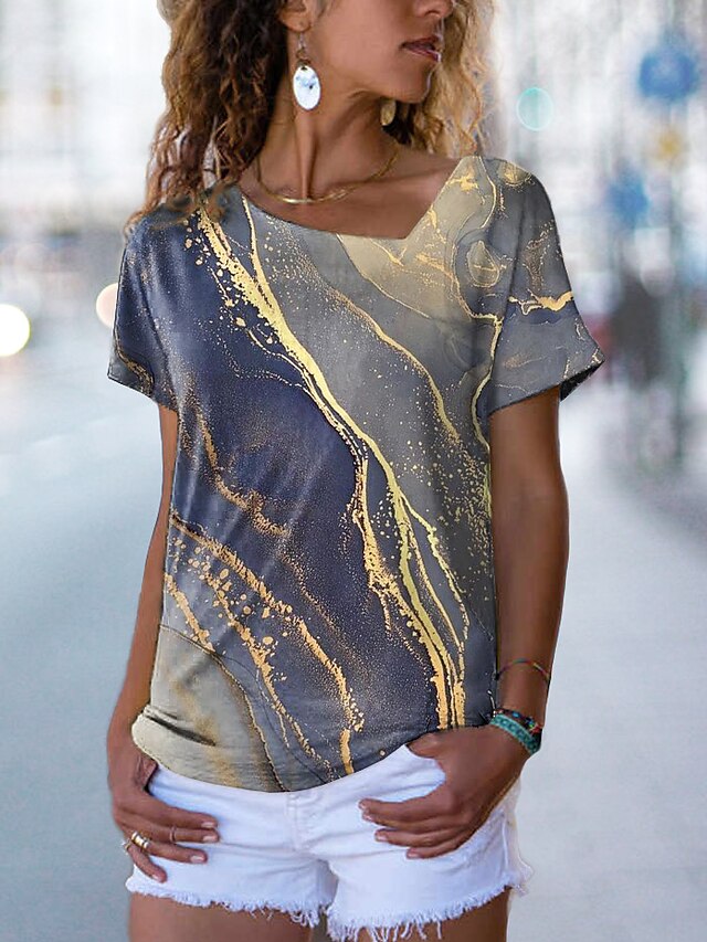  Women's T shirt Tee Yellow Print Graphic Geometric Casual Weekend Short Sleeve V Neck Basic Regular Abstract Painting S