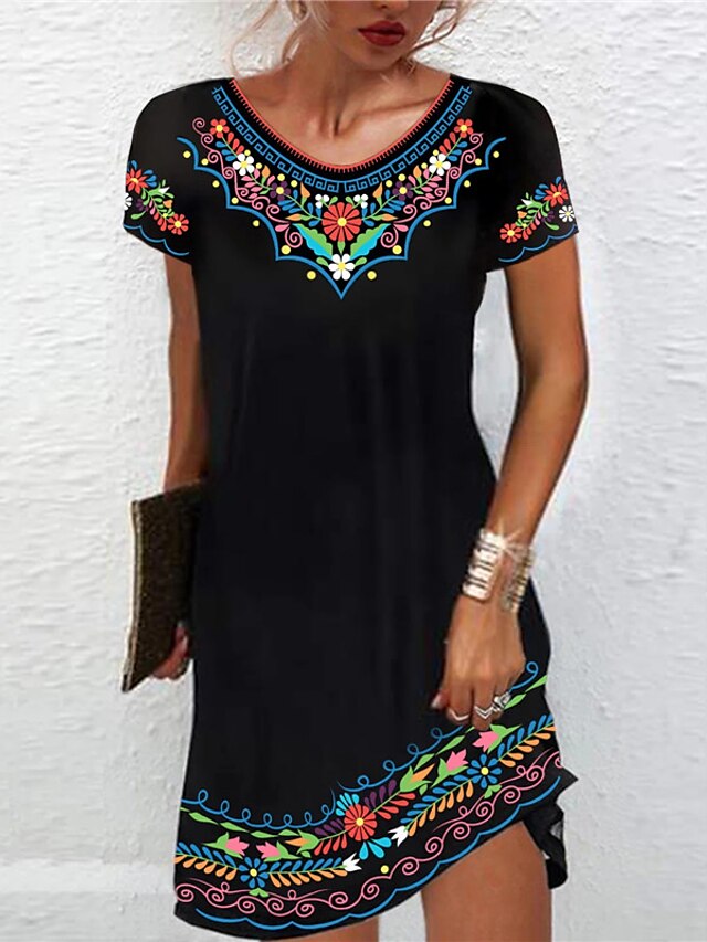  Ethnic Floral Print Mini Shift Dress