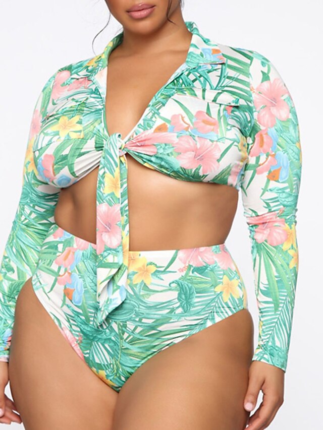  Women's Swimwear Rash Guard Diving 2 Piece Plus Size Swimsuit Floral Leaf 2 Piece UV Protection Lace up Printing for Big Busts Green V Wire Padded Bathing Suits Stylish Vacation New / Sexy