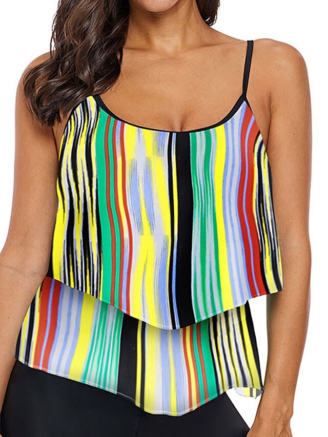  Women's Swimwear Tankini Tankini Top Plus Size Swimsuit Striped Ruffle Open Back Printing for Big Busts Yellow Scoop Neck Camisole Padded Bathing Suits Vacation Holiday New / Modern / Cute / Spa
