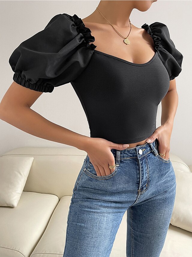 Damen Bustier Bluse Hemd Schwarz Glatt Täglich Wochenende Kurzarm