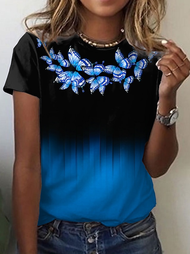  Damen Farbverläufe Schmetterling Casual Wochenende Schmetterling Farbe Kurzarm T Shirt Rundhalsausschnitt Bedruckt Basic Oberteile Grün Blau Rosa S / 3D-Druck