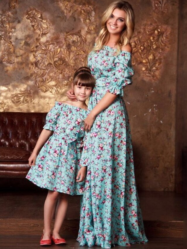  Mommy and Me Dresses Daily Floral Graphic Ruched Light Blue Knee-length Half Sleeve Adorable Matching Outfits / Spring / Summer / Cute / Print