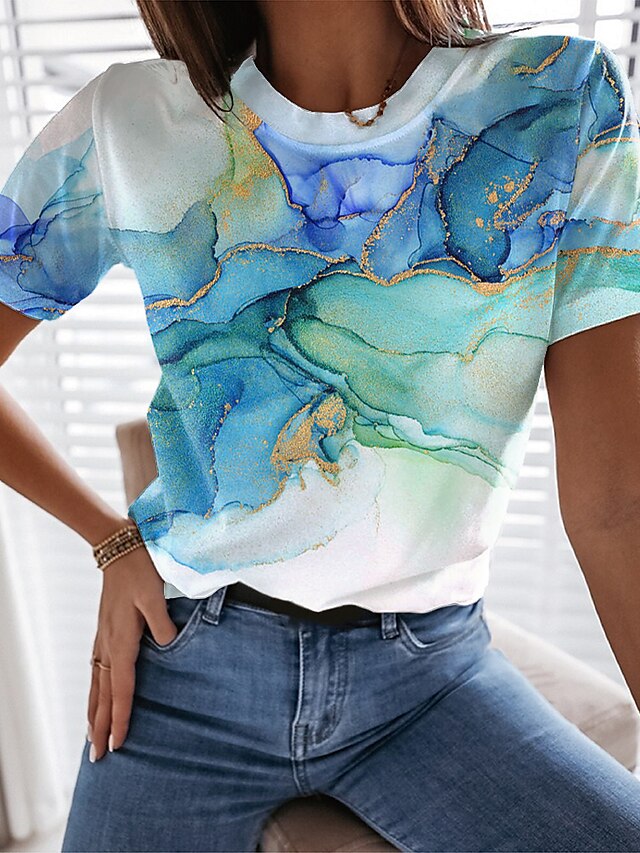  Women's T shirt Tee Pink Blue Green Print Graphic Casual Weekend Short Sleeve Round Neck Basic Regular Abstract Painting S