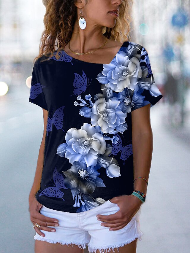  Dame Blomstret 3D Afslappet Ferie Weekend Blomster Tema 3D Maleri Kortærmet T-shirt V-hals Trykt mønster Basale Toppe Grøn Blå Lilla S / 3D-udskrivning