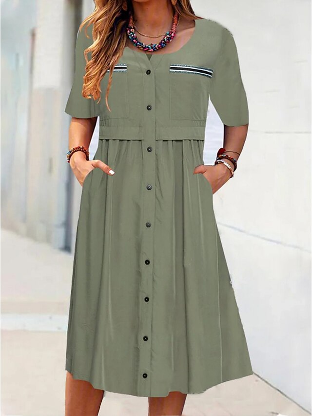  Mulheres Vestido casual Vestido midi Verde Claro Cor imaculada Meia Manga Verão Primavera Franzido Casual Gola Redonda 2023 S M L XL XXL 3XL