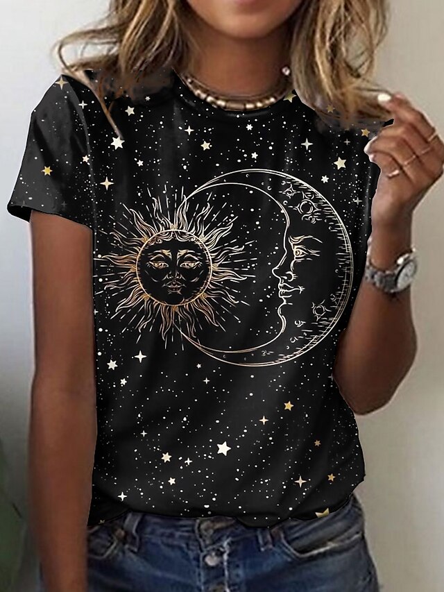  Damen T Shirt Schwarz Bedruckt Galaxis Casual Wochenende Kurzarm Rundhalsausschnitt Basic Standard Farbe S