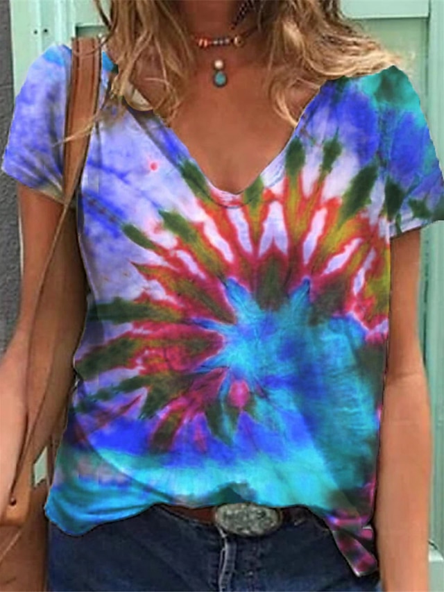  Women's Tie Dye Casual Weekend Abstract Painting Short Sleeve T shirt Tee V Neck Print Basic Essential Tops Blue Gray S / 3D Print