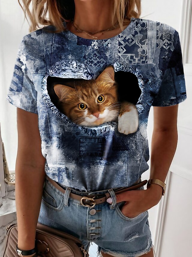  Damen T Shirt Katze 3D Blau Fuchsie Braun Bedruckt Kurzarm Casual Wochenende Basic Rundhalsausschnitt Regular Fit