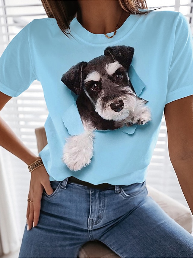  Dame T skjorte Hvit Rosa Blå Trykt mønster Hund 3D Avslappet Helg Kortermet Rund hals Grunnleggende Normal 3D Maling S