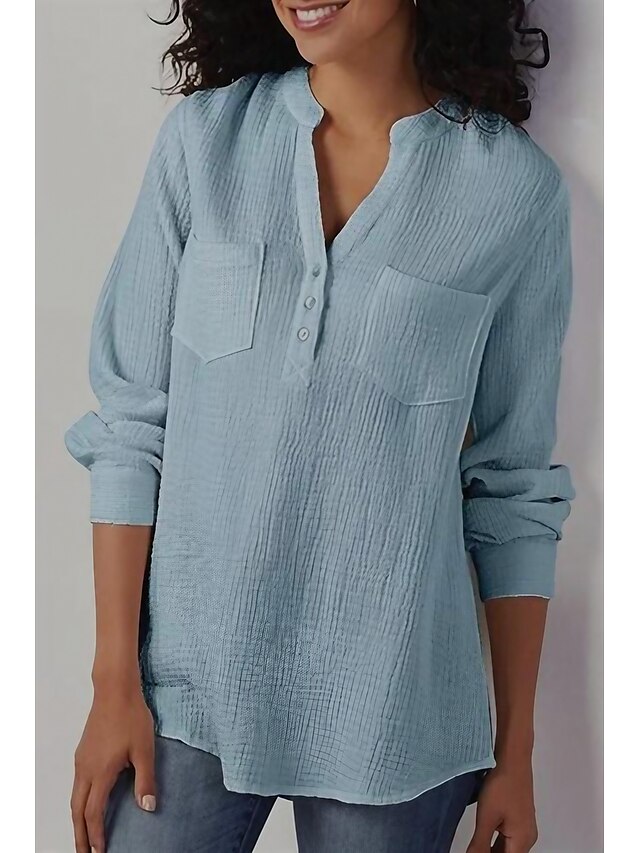  Women's V-Neck Cotton Linen Shirt with Pocket