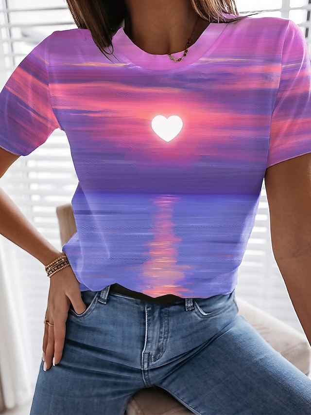  Damen T Shirt Herz 3D Rosa Bedruckt Kurzarm Casual Wochenende Basic Rundhalsausschnitt Regular Fit