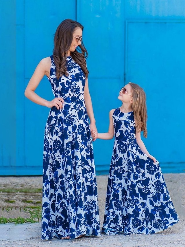  mommy and me kjoler grafisk blomster dagligt print blå ærmeløs maxi mommy and me outfits søde matchende outfits