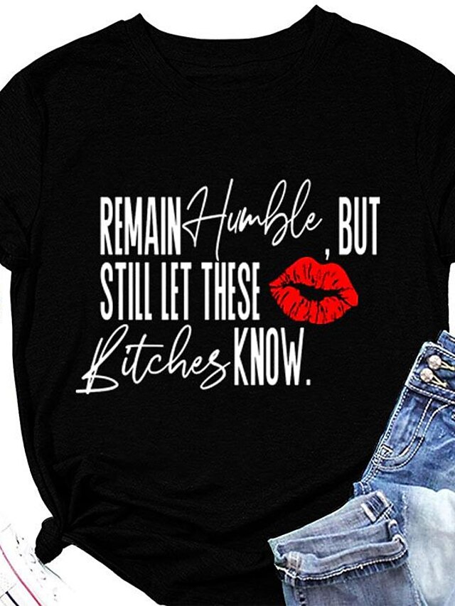  Kurzarm-T-Shirt mit Rundhalsausschnitt und lockerem Lippendruck für Damen