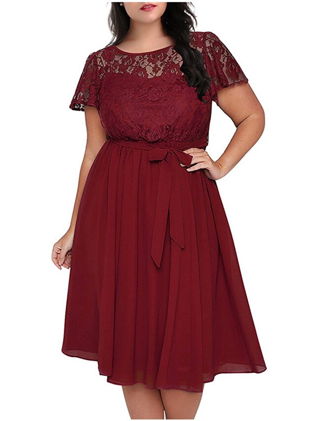  Women's Plus Size Solid Color A Line Dress Lace Round Neck Short Sleeve Casual Prom Dress Spring Summer Causal Daily Short Mini Dress Dress / Party Dress
