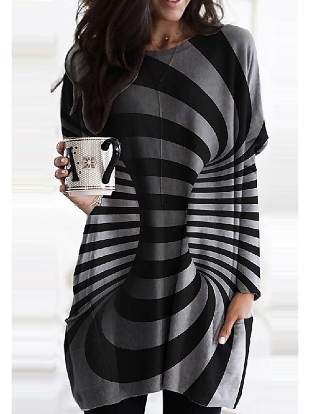  Women's Short Mini Dress Shift Dress Black Long Sleeve Print Striped Round Neck Fall Spring Basic Casual Modern 2022 Loose M L XL XXL 3XL
