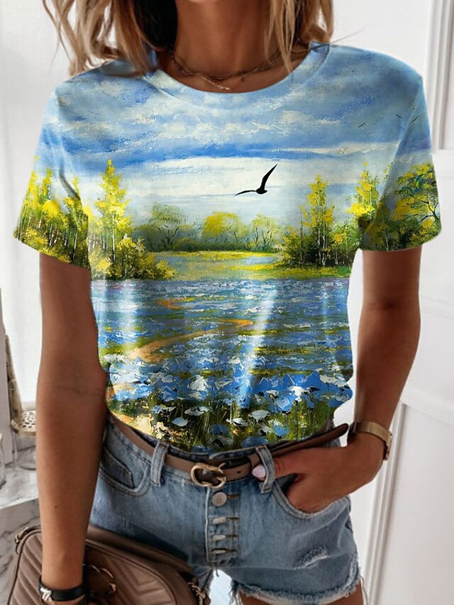  Damen T Shirt Blau Bedruckt Landschaft 3D Casual Festtage Kurzarm Rundhalsausschnitt Basic Standard 3D Farbe S