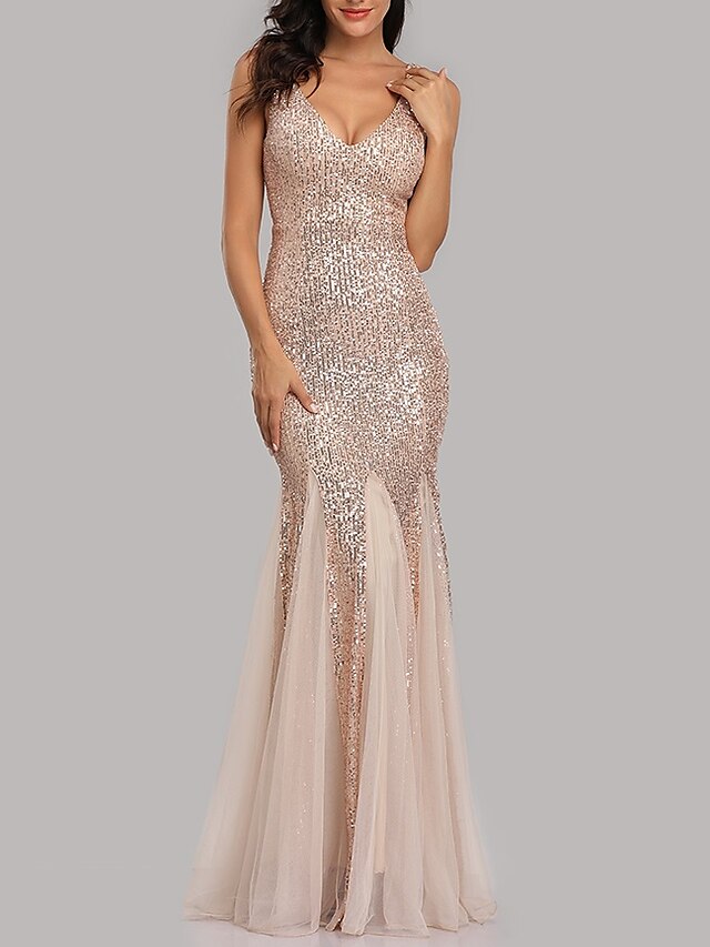  Mermaid / Trumpet Evening Gown Sparkle Dress Wedding Guest Party Wear Floor Length Sleeveless V Neck Sequined with Sequin 2024