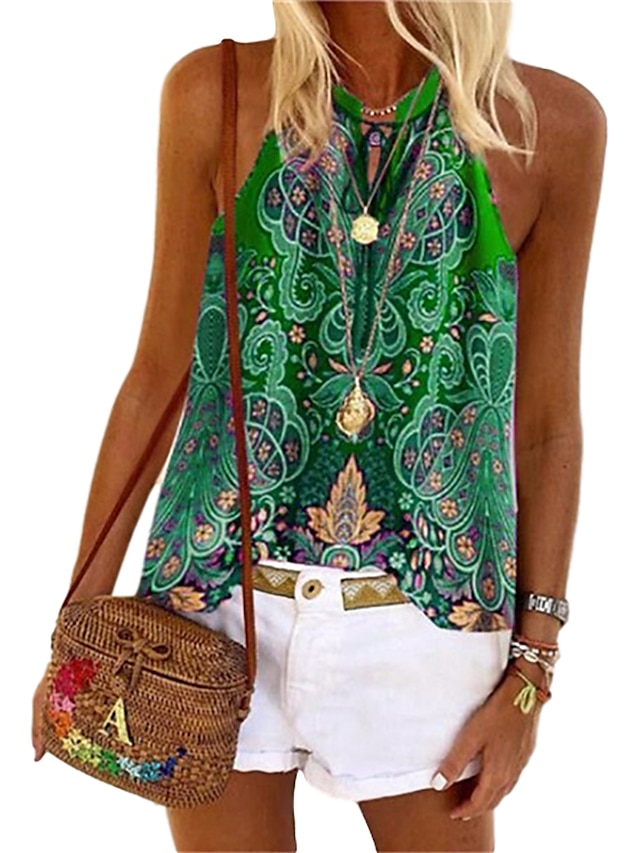  Women's Blouse Tank Top Green Blue Red Print Graphic Floral Daily Going out Sleeveless Halter Neck Boho Sexy Hawaiian Bohemian Theme S