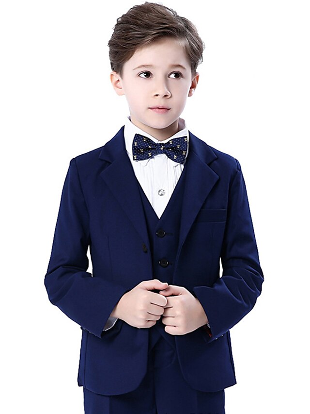  Kids Boys Suit & Blazer Clothing Set Long Sleeve 5 Pieces Black Navy Blue Bow Solid Color Formal Birthday Formal Gentle 3-12 Years / Fall / Winter / Spring