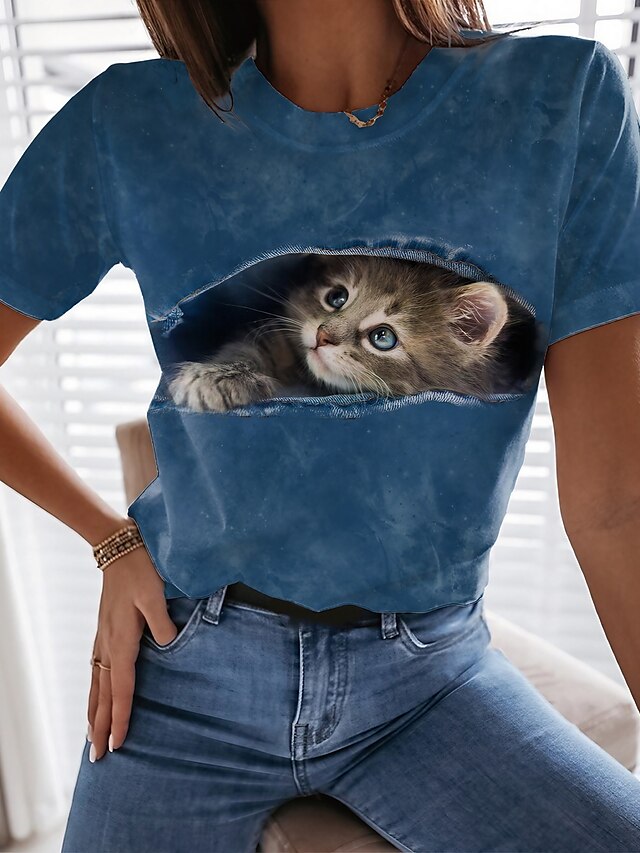  Damen T Shirt Katze 3D Casual Wochenende Blau Bedruckt Kurzarm Basic Rundhalsausschnitt Regular Fit