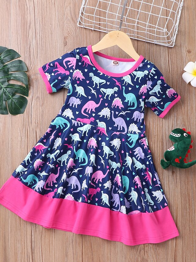  Kids Little Girls' Dress Dinosaur Animal Print Blushing Pink Above Knee Short Sleeve Active Sweet Dresses Regular Fit