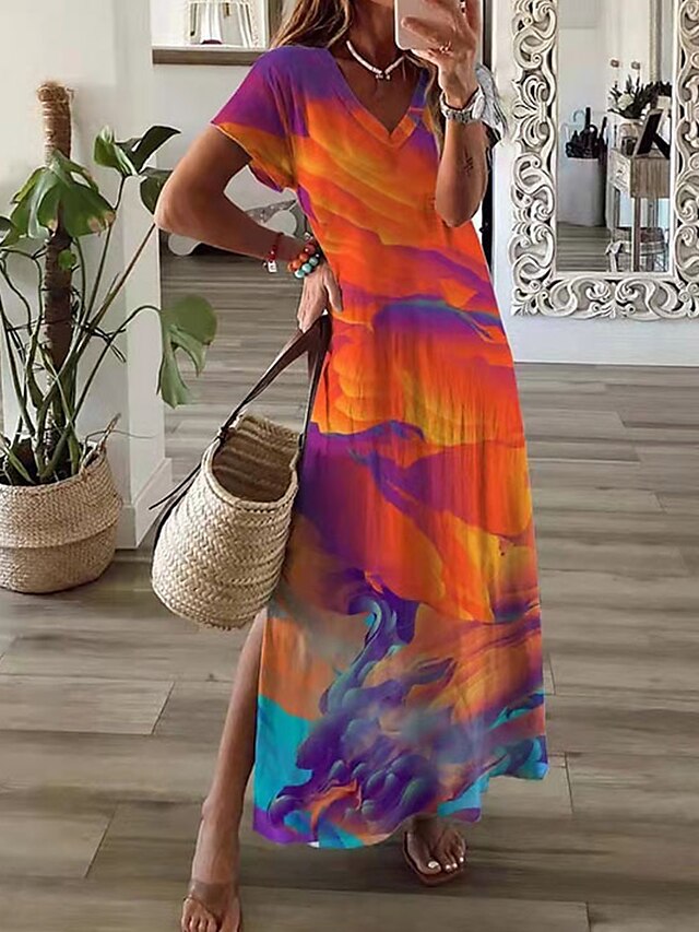  Women's Maxi long Dress Shift Dress Blue White Orange Light Blue Short Sleeve Print Print Deep V Summer Boho 2022 S M L XL XXL