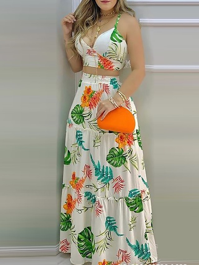 Women's Streetwear Floral Casual Vacation Two Piece Set Skirt Dress Crop Top Tank Top Skirt Sets Backless Print Tops