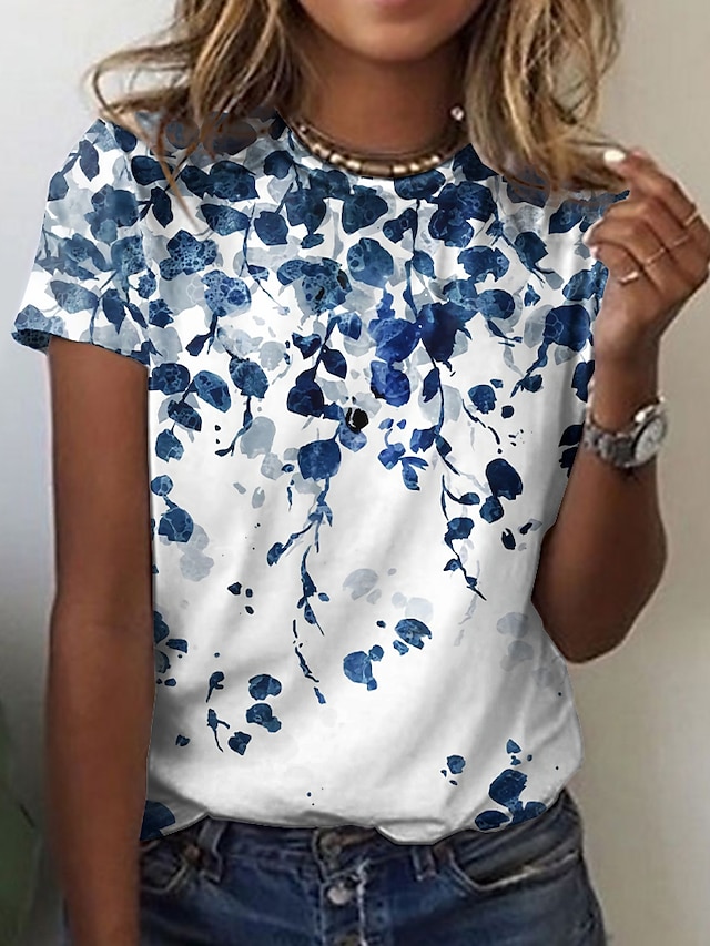  Femme T shirt Tee Floral Jaune Rouge Bleu Imprimer Manche Courte Casual Vacances Fin de semaine basique Col Rond Standard