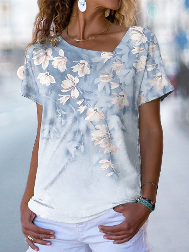  T shirt Tee Femme Casual Vacances Fin de semaine Floral Manches Courtes Fleur Peinture Col V Imprimer basique Vert Bleu Rose Claire Hauts Standard S / 3D effet