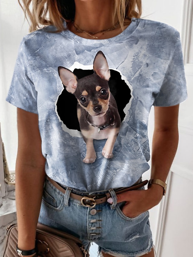  Dame T skjorte Hund 3D Avslappet Helg Blå Lilla Grønn Trykt mønster Kortermet Grunnleggende Rund hals Normal